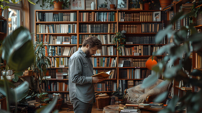 Young man choosing book on shelf in home library