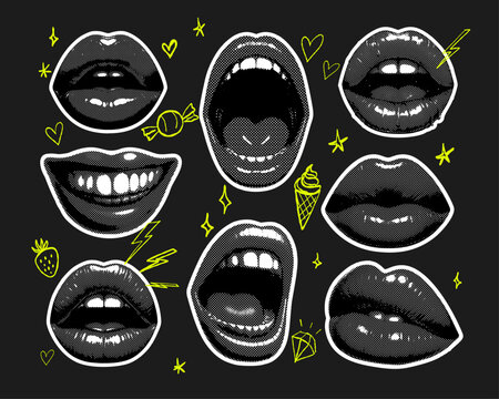Halftone lips or mouths set. Doodle grunge decor elements