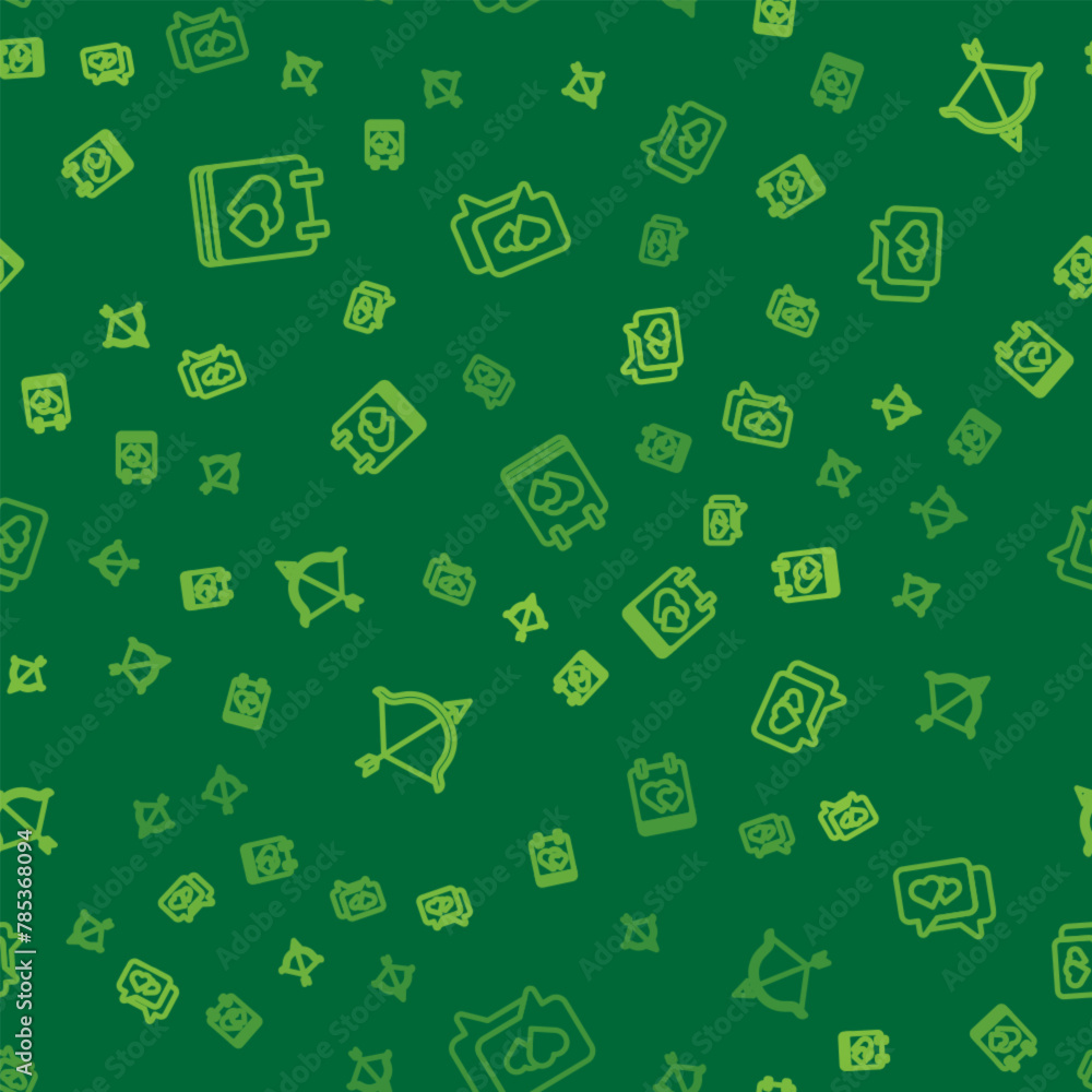Poster set line calendar with heart, bow and arrow and heart in speech bubble on seamless pattern. vector