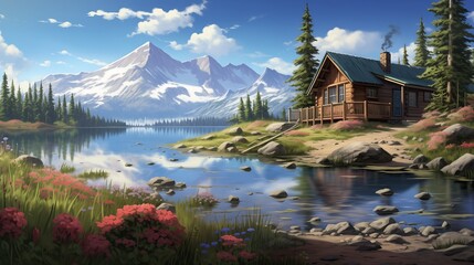 A charming wooden cabin perched on the edge of a crystal-clear lake, surrounded by blooming wildflowers in a myriad of colors under the blue sky. - obrazy, fototapety, plakaty