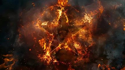Fototapeten fantasy pentagram star engulfed in flames smoke and mist spooky witchcraft horror symbol dark ethereal nightmare concept art digital painting © Bijac