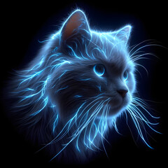 Cat head, isolated on a dark background, bioluminescent lightning, Close Up