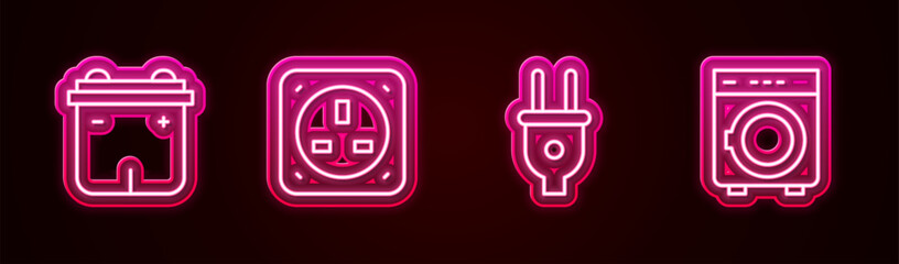 Set line Car battery, Electrical outlet, plug and Washer. Glowing neon icon. Vector