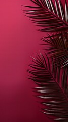Palm leaf on a maroon background with copy space for text or design. A flat lay, top view. A summer vacation concept