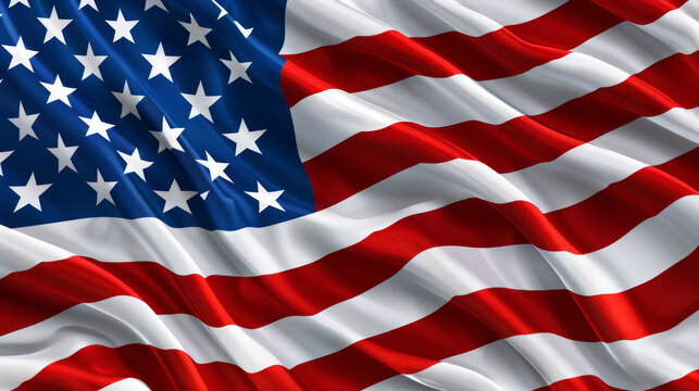 The American flag is waving in the wind. The flag is red, white, and blue. The stars are evenly spaced and the stripes are also evenly spaced. The flag is a symbol of freedom and unity