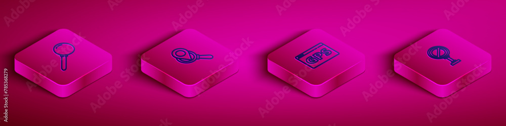 Poster set isometric line push pin, search location, gps device with map and stop sign icon. vector