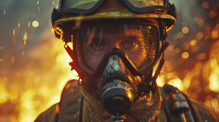 A firefighter is wearing a mask and a helmet. The scene is set in a fire, with the firefighter standing in the middle of the flames - Powered by Adobe