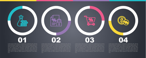 Set line Money bag and coin, Finance document lock, Shopping cart and with percent. Business infographic template. Vector