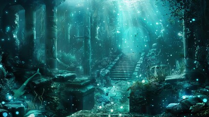 fantasy underwater scene with mermaids sunken ruins and bioluminescent plants digital art illustration