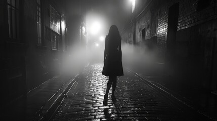 A woman gracefully walks down a dimly lit street at night, surrounded by the soft glow of...
