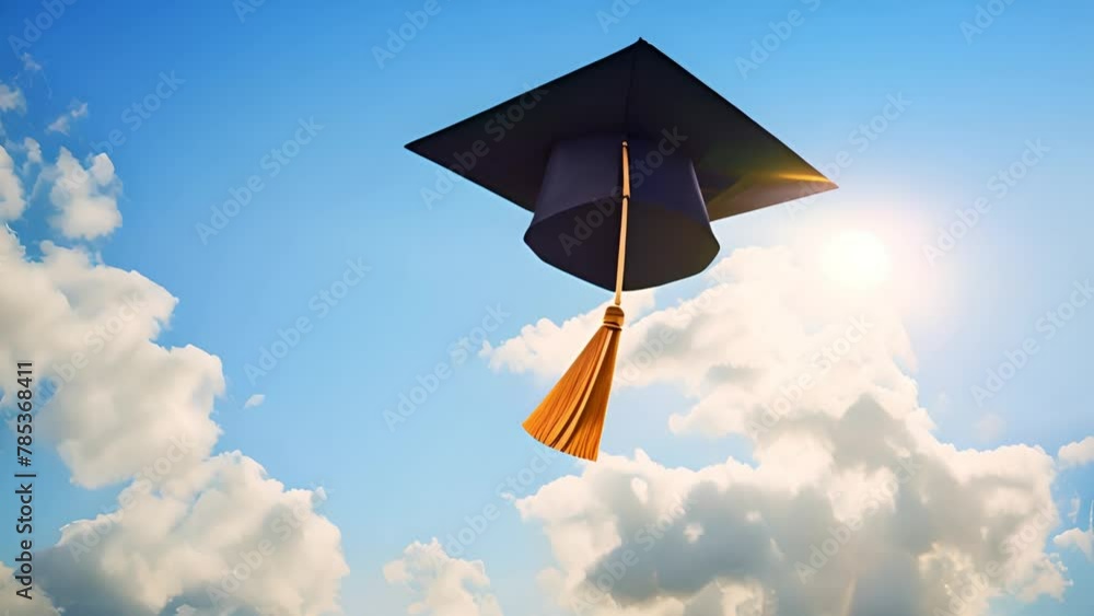 Wall mural Graduation hat flying in the sky. Graduate are celebrating graduation Throwing hands up a certificate and Cap in the air, Happiness cheerful feeling, Commencement, Graduation day on sky background. 4k - Wall murals
