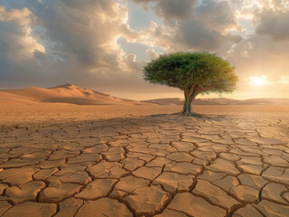 A tree is growing in a desert with a cloudy sky in the background. Concept of desolation and loneliness, as the barren landscape and the lone tree are the only signs of life in the area