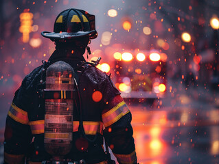 Fototapeta premium A firefighter is standing in the rain with a fire hydrant in front of him. The scene is blurry and has a sense of chaos