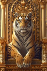 Fototapeta na wymiar A majestic tiger facing forward, seated on a royal throne 🐅👑 Radiating power and grace in a regal setting. #TigerKingThrone
