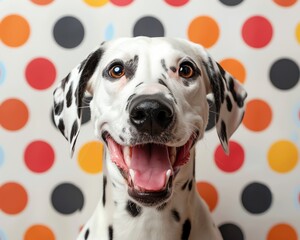 Dalmatian with a bright smile, polka dot matching background