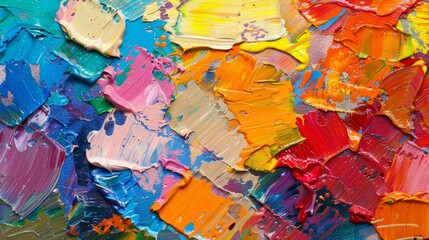closeup abstract rough colorful multicolored art painting texture with oil brushstrokes and palette knife paint on canvas