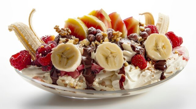 closeup of a decadent banana split sundae with various fruits and nuts isolated on white background food photography