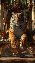 A tiger facing forward, front paws resting, seated on a royal throne adorned with ornate ornaments 🐅👑✨ Majestic and regal in every detail. #RoyalTigerChair
