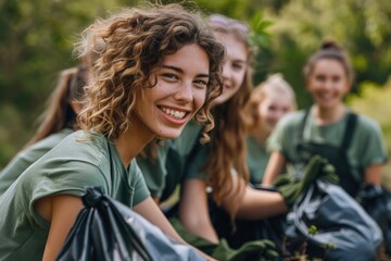 Smiling woman with a group of friends cleaning a park, picking up trash in plastic bags.