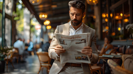 Businessman reading newspaper at cafe - obrazy, fototapety, plakaty
