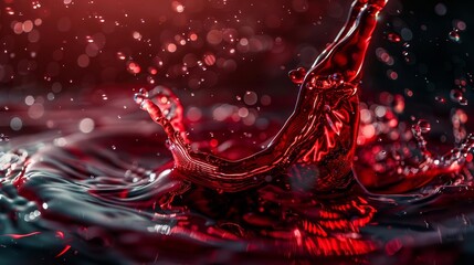 closeup of red wine splashing in glass with bubbles and foam abstract alcohol drink texture background - obrazy, fototapety, plakaty