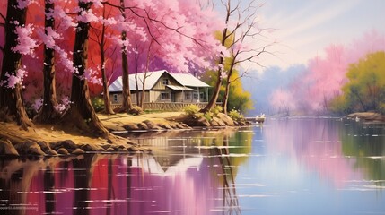 A peaceful lakeside sanctuary, with a solitary cabin surrounded by a riot of spring blossoms in every shade imaginable, their vibrant hues mirrored in the glassy surface. - obrazy, fototapety, plakaty