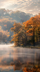 Autumnal Splendor at Ohio State Park - Morning Mist over Tranquil Lake and Lush Foliage