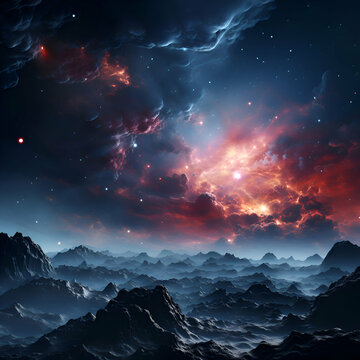 Fantasy landscape with fantastic mountains and nebula. 3D rendering