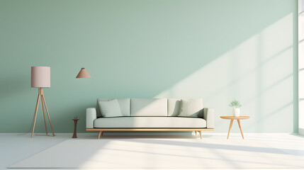 Luxury living room in pastel colors. Green mint lounge furniture - rich sofa and empty paint wall....