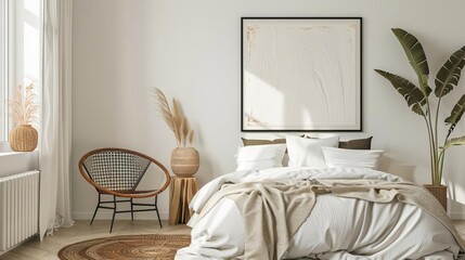coastal boho bedroom interior with mockup frame and abstract rough gold black art painting 3d illustration