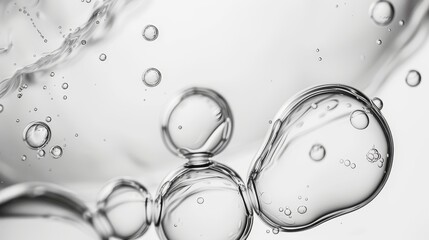 Macro photography of clear bubbles in water with subtle light reflections, embodying purity, hygiene, and simplicity concepts