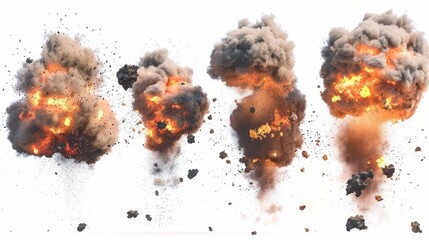 collection of realistic big explosion effects with fire and smoke isolated on white background dramatic 3d rendering