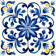 Fototapeta premium Pattern of azulejos tiles. Rustic blue and yellow tile watercolor seamless pattern. 