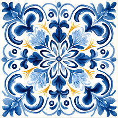 Pattern of azulejos tiles. Rustic blue and yellow tile watercolor seamless pattern. 
