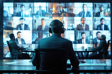 Businessman participating in a virtual meeting with participants on a large screen video conference - obrazy, fototapety, plakaty