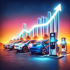 Sustainable Future: Electric Vehicles Charging at Sunset with Growth Graph - obrazy, fototapety, plakaty