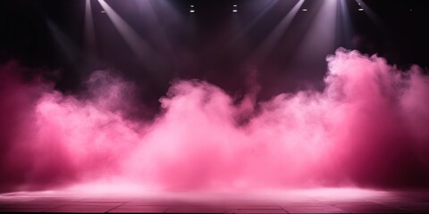 Pink stage background, pink spotlight light effects, dark atmosphere, smoke and mist, simple stage background, stage lighting, spotlights