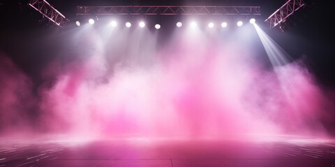 Fototapeta na wymiar Pink stage background, pink spotlight light effects, dark atmosphere, smoke and mist, simple stage background, stage lighting, spotlights