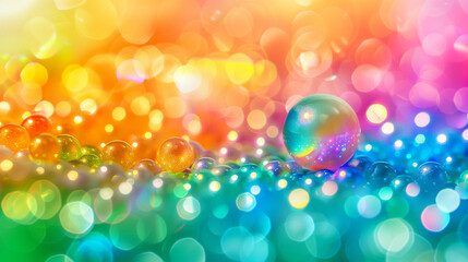 Colorful rainbow soap bubbles background with pastel bokeh effect with rainbow gradient. Web banner with empty space for text. Product shot.