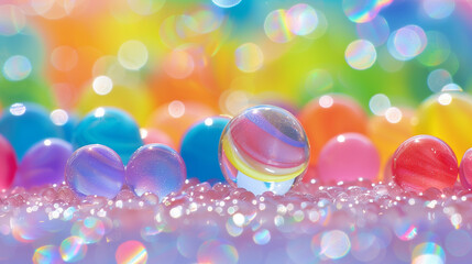 Colorful background with rainbow soap bubbles, shiny and sparkling with bokeh effect. Abstract banner design for cosmetic products, beauty and jewelry industry