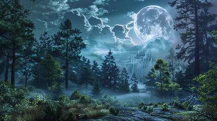 Fantasy landscape with fantasy forest and full moon.