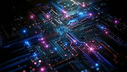 Fototapeta premium A chip circuit board with purple, blue, and green bokeh shows how the circuit board works.