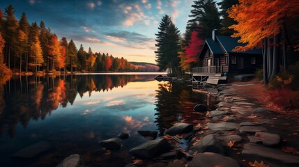 A cozy cabin nestled among vibrant autumn foliage by the tranquil shores of a lake, the water reflecting the kaleidoscope of colors in the surrounding forest.