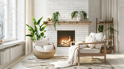 cozy scandinavian living room interior with white brick fireplace wooden decorations and natural plants 3d render illustration
