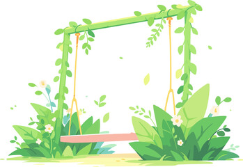 Wooden green swing in garden, flat vector illustration.