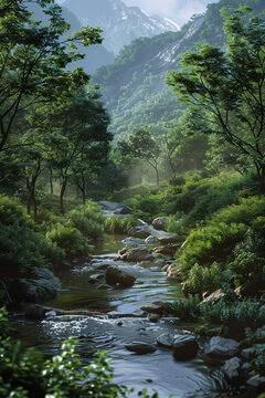Tranquil Mountain Stream: Serene Forest Landscape