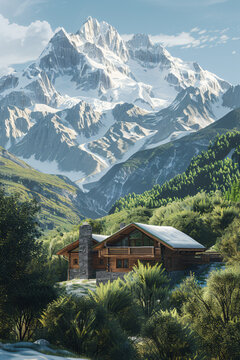 Picturesque Alpine Chalet: Snow-Capped Peaks
