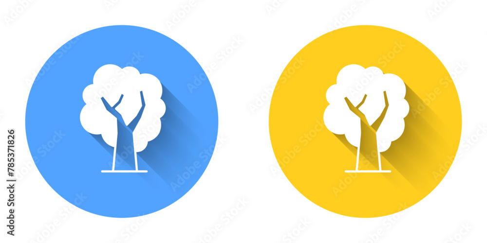 Poster white tree icon isolated with long shadow background. forest symbol. circle button. vector