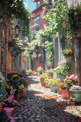 Fototapeta premium Quaint Cobblestone Alleyway: Colorful Flower Pots