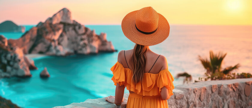 A woman in a yellow dress and a straw hat stands on the sea and rocks